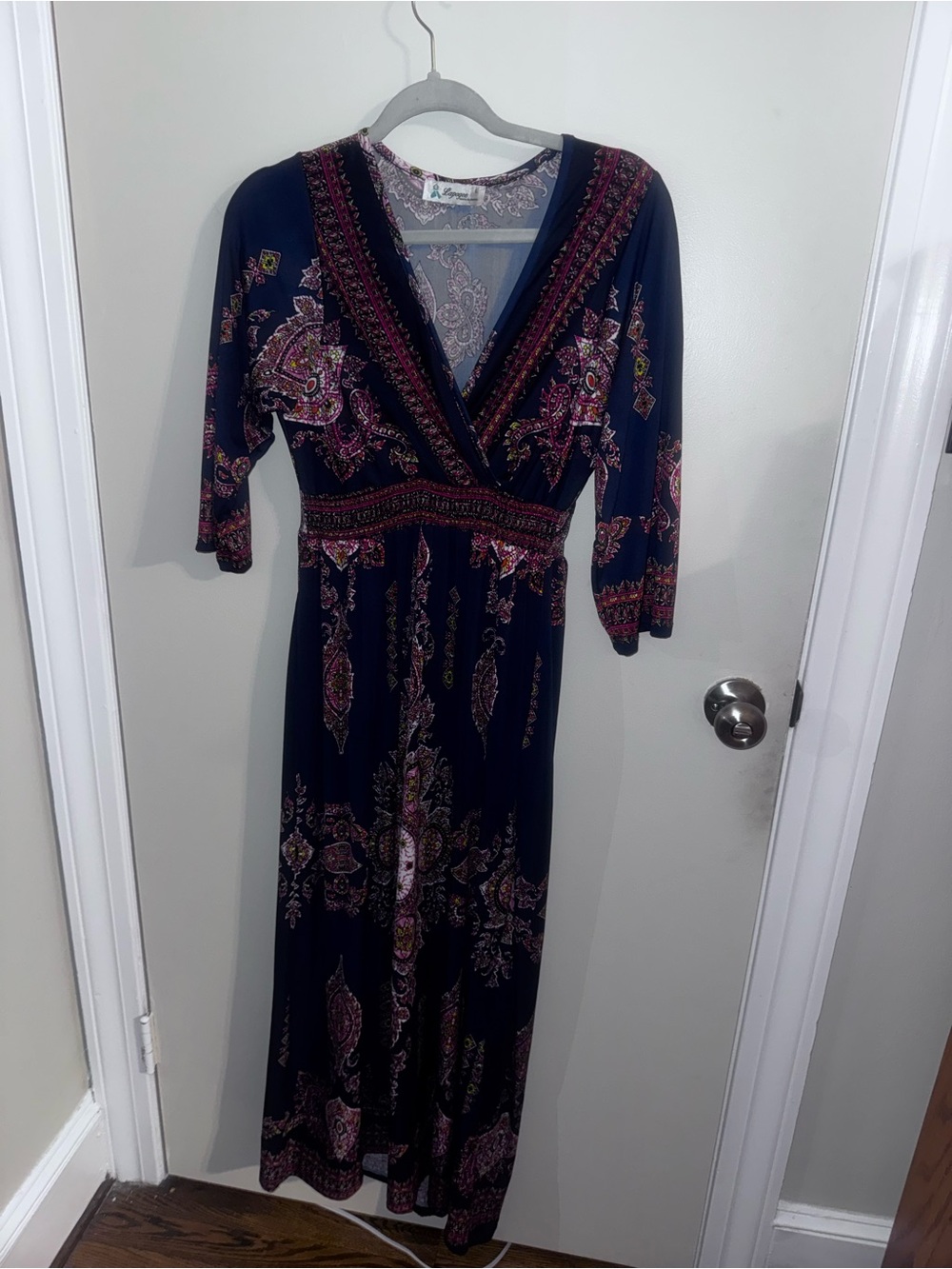 Boho V-Neck Maxi Dress in Navy with Pink Paisley